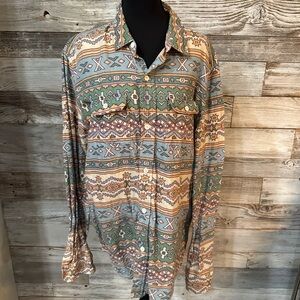 NWT Boho Patterned Button Down Shirt in Green and Brown